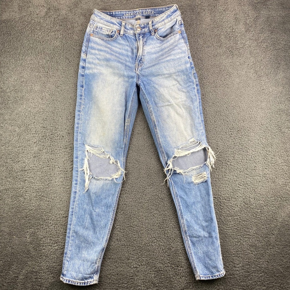 American Eagle Mom Jeans Womens Size 0 Ripped Knee High Rise Distressed Denim‎